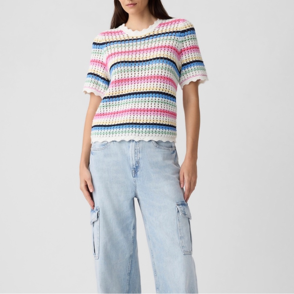 GAP 100% Cotton Striped Crochet Spring Short-Sleeve Top in Pastel Colors